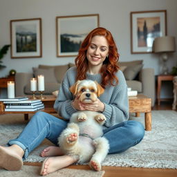 A 30-year-old woman with reddish curls sits on a carpet in the living room, playing with a small dog