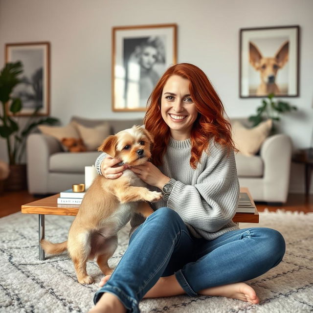 A 30-year-old woman with reddish curls sits on a carpet in the living room, playing with a small dog