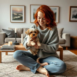 A 30-year-old woman with reddish curls sits on a carpet in the living room, playing with a small dog