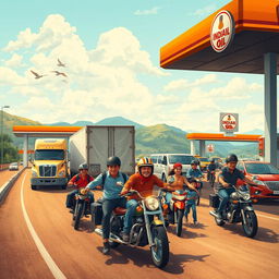 A lively scene featuring diverse individuals including truck drivers, bikers, and families, all fueled by IndianOil, as they travel on the roads near IndianOil gas stations