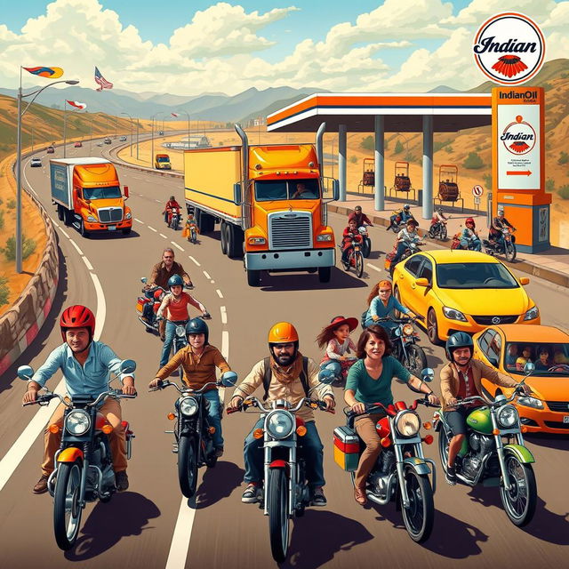 A lively scene featuring diverse individuals including truck drivers, bikers, and families, all fueled by IndianOil, as they travel on the roads near IndianOil gas stations