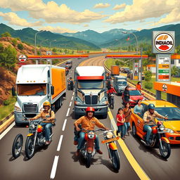 A lively scene featuring diverse individuals including truck drivers, bikers, and families, all fueled by IndianOil, as they travel on the roads near IndianOil gas stations