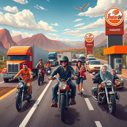 A lively scene featuring diverse individuals including truck drivers, bikers, and families, all fueled by IndianOil, as they travel on the roads near IndianOil gas stations