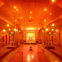 A well-furnished serene room featuring a beautifully decorated Mandir (Hindu temple) with subtle lighting.