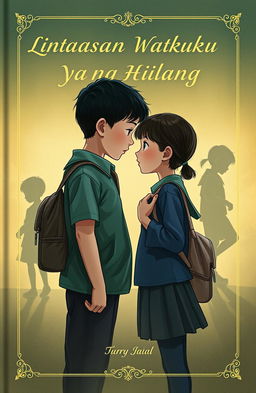 A captivating book cover illustration featuring two school children facing each other with a thoughtful expression