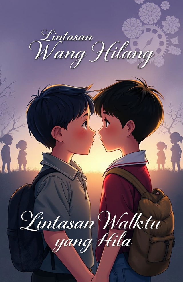 A captivating book cover illustration featuring two school children facing each other with a thoughtful expression