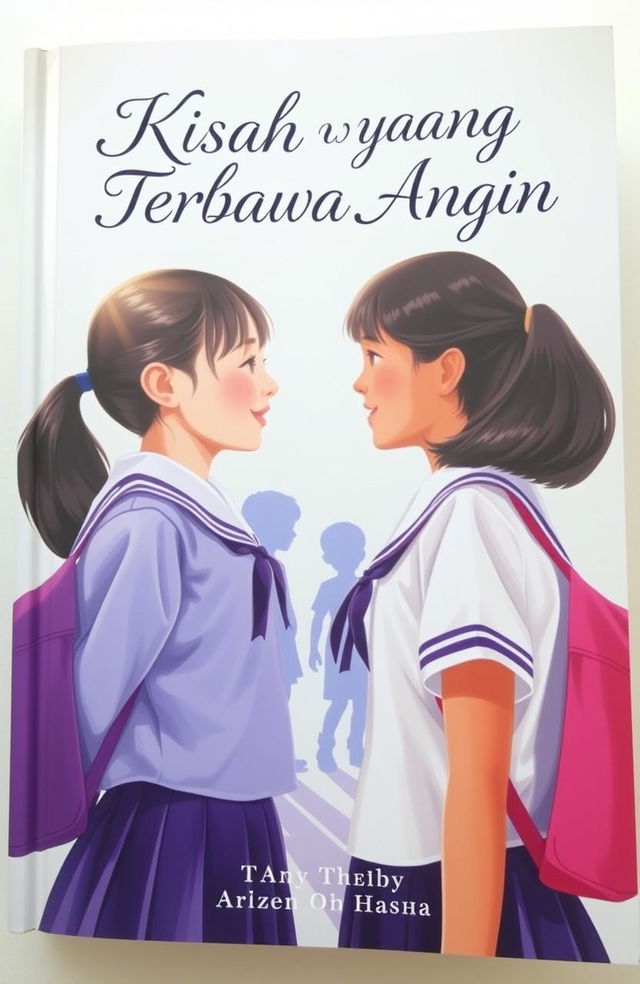 A captivating book cover featuring two schoolgirls in uniforms standing face to face, with playful smiles, and the background showing their childhood shadows, representing their younger selves playing together