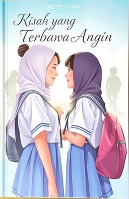 A captivating book cover featuring two schoolgirls in uniforms standing face to face, with playful smiles, and the background showing their childhood shadows, representing their younger selves playing together