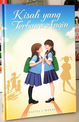 A captivating book cover featuring two schoolgirls in uniforms standing face to face, with playful smiles, and the background showing their childhood shadows, representing their younger selves playing together