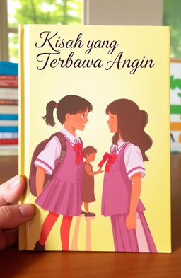 A captivating book cover featuring two schoolgirls in uniforms standing face to face, with playful smiles, and the background showing their childhood shadows, representing their younger selves playing together