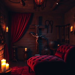 A stylish underground dungeon setting designed for BDSM, showcasing an array of sexy accessories