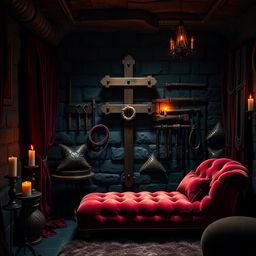 A stylish underground dungeon setting designed for BDSM, showcasing an array of sexy accessories