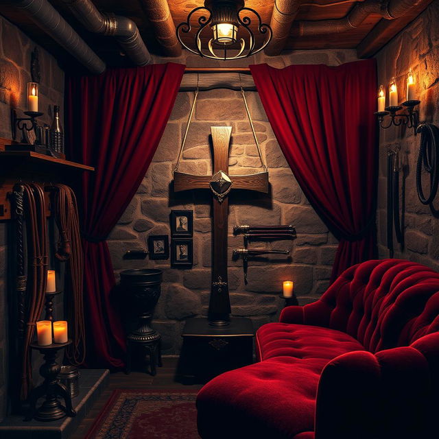 A stylish underground dungeon setting designed for BDSM, showcasing an array of sexy accessories