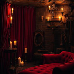 A stylish underground dungeon setting designed for BDSM, showcasing an array of sexy accessories