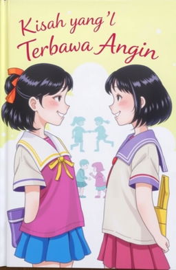 A vibrant book cover illustration featuring two schoolgirls standing face to face