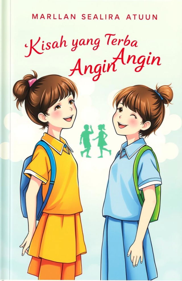 A vibrant book cover illustration featuring two schoolgirls standing face to face