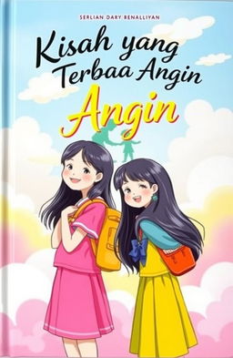A vibrant book cover illustration featuring two schoolgirls standing face to face