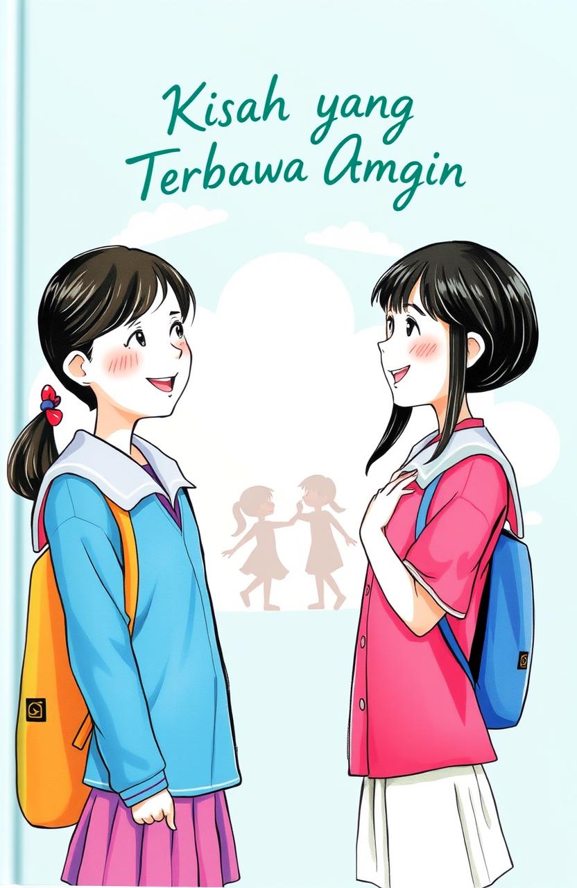 A vibrant book cover illustration featuring two schoolgirls standing face to face