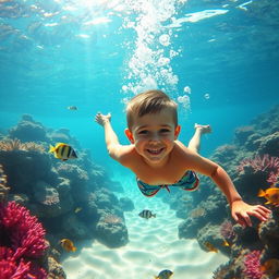 A young boy diving playfully underwater, surrounded by vibrant coral reefs and tropical fish