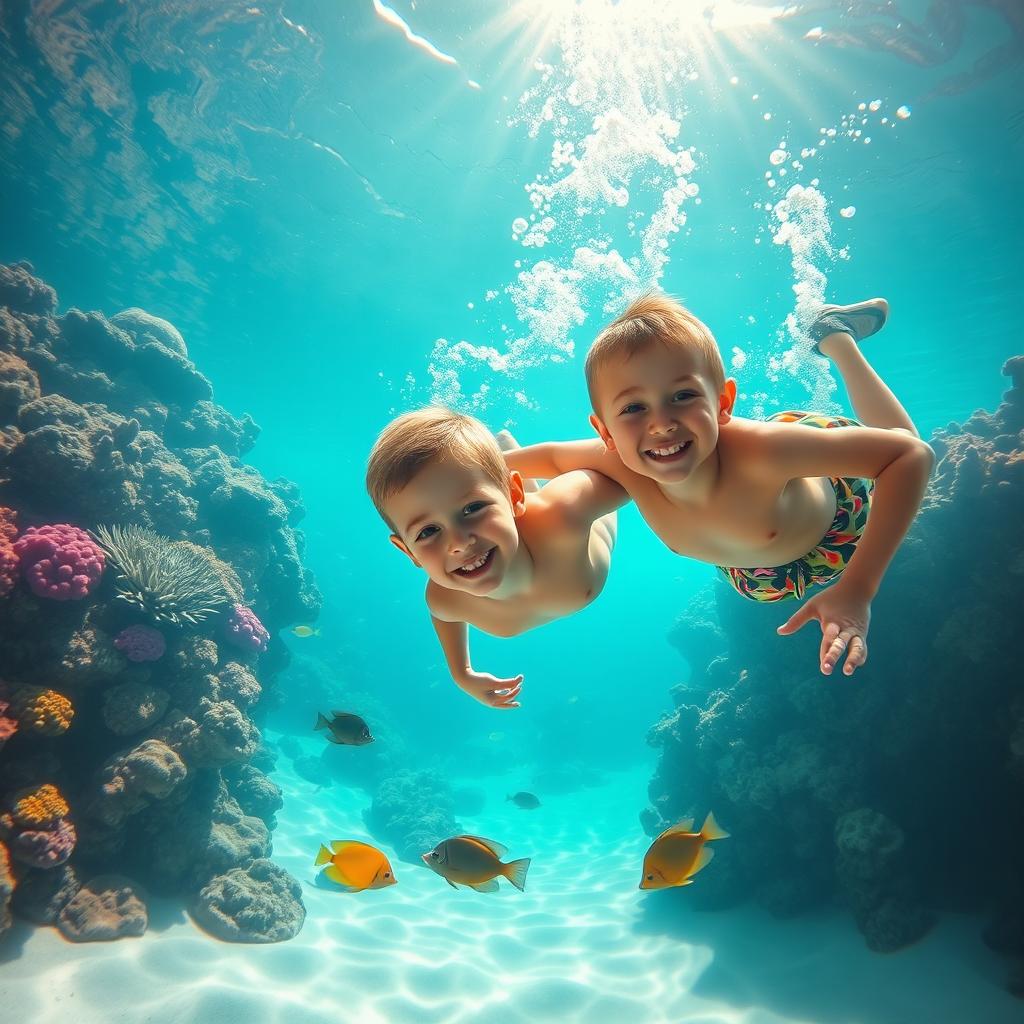 A young boy diving playfully underwater, surrounded by vibrant coral reefs and tropical fish