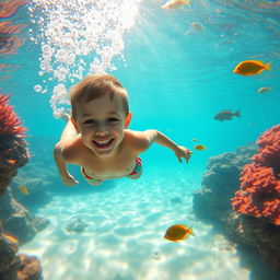 A young boy diving playfully underwater, surrounded by vibrant coral reefs and tropical fish