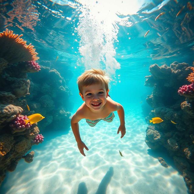 A young boy diving playfully underwater, surrounded by vibrant coral reefs and tropical fish