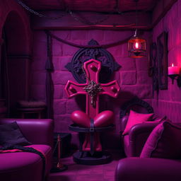An artistic representation of a BDSM-themed dungeon setting showcasing sexy accessories like leather restraints, whips, and other BDSM gear