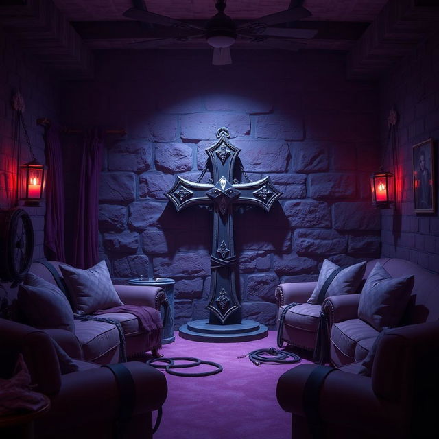 An artistic representation of a BDSM-themed dungeon setting showcasing sexy accessories like leather restraints, whips, and other BDSM gear