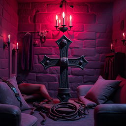 An artistic representation of a BDSM-themed dungeon setting showcasing sexy accessories like leather restraints, whips, and other BDSM gear