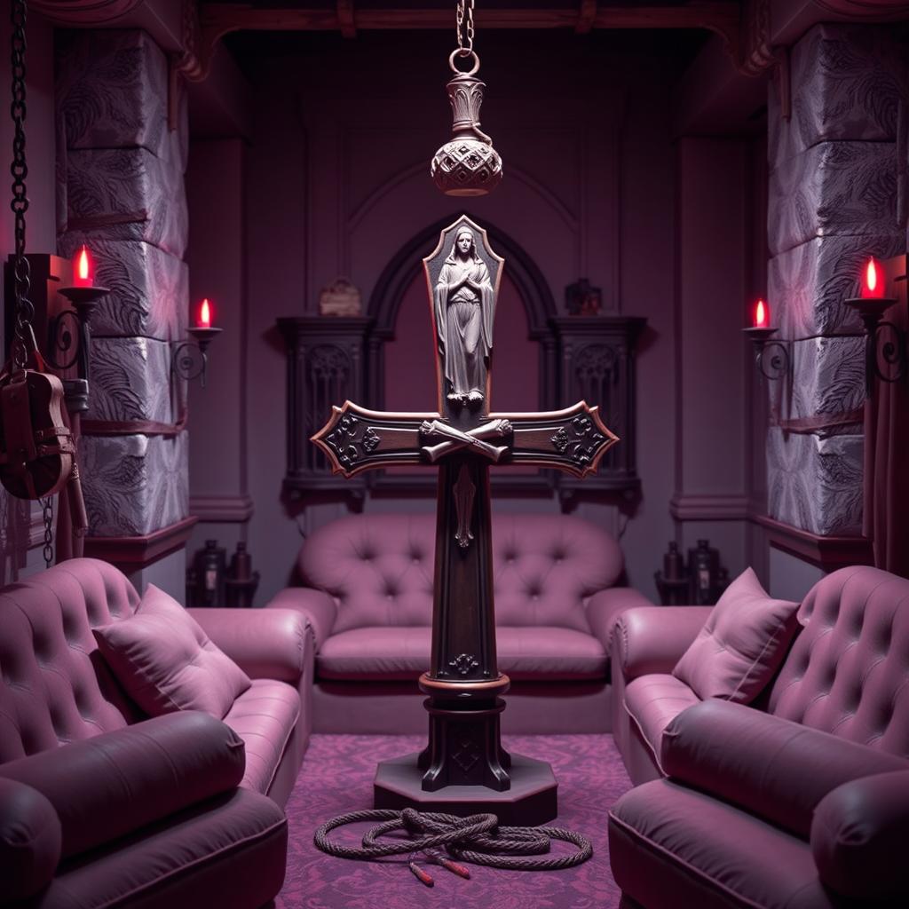 An artistic representation of a BDSM-themed dungeon setting showcasing sexy accessories like leather restraints, whips, and other BDSM gear