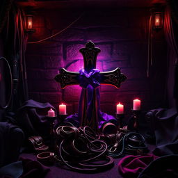 A visually striking depiction of a BDSM dungeon, featuring luxurious and seductive elements