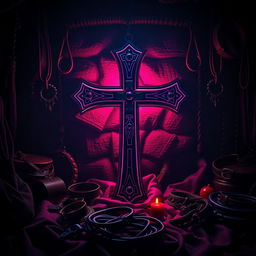 A visually striking depiction of a BDSM dungeon, featuring luxurious and seductive elements