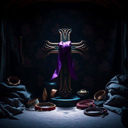 A visually striking depiction of a BDSM dungeon, featuring luxurious and seductive elements