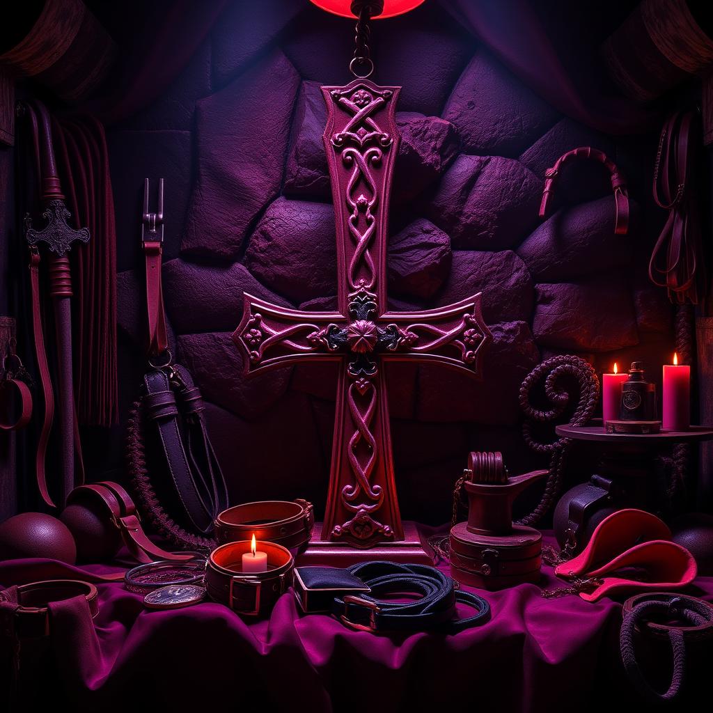 A visually striking depiction of a BDSM dungeon, featuring luxurious and seductive elements