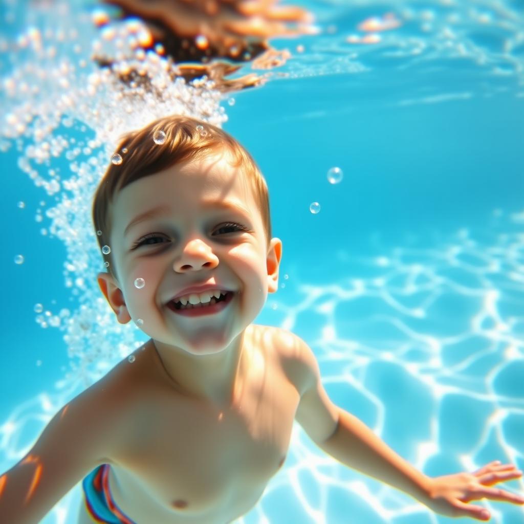 A young boy swimming underwater in a bright blue swimming pool, wearing only swim shorts