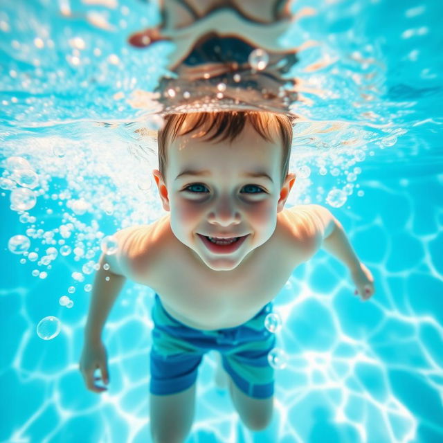 A young boy swimming underwater in a bright blue swimming pool, wearing only swim shorts