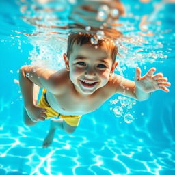 A young boy swimming underwater in a bright blue swimming pool, wearing only swim shorts