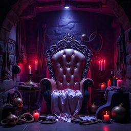 A visually striking dungeon-themed BDSM scene featuring various sexy accessories