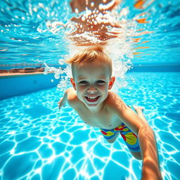 A vibrant scene of a young boy swimming underwater in a clear, blue swimming pool