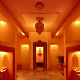 A well-furnished serene room featuring a beautifully decorated Mandir (Hindu temple) with subtle lighting.