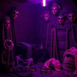A captivating scene set in a dimly lit dungeon, featuring sophisticated BDSM accessories in vibrant shades of violet and rose