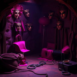 A captivating scene set in a dimly lit dungeon, featuring sophisticated BDSM accessories in vibrant shades of violet and rose