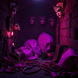 A captivating scene set in a dimly lit dungeon, featuring sophisticated BDSM accessories in vibrant shades of violet and rose