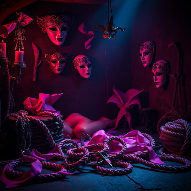 A captivating scene set in a dimly lit dungeon, featuring sophisticated BDSM accessories in vibrant shades of violet and rose