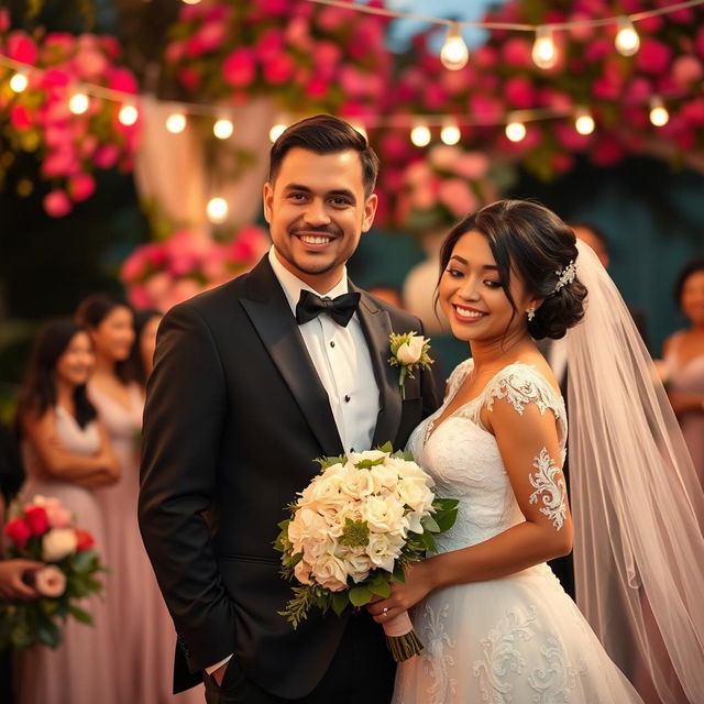 A joyous wedding scene featuring an English man and a Filipina bride celebrating their love