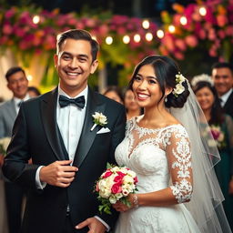 A joyous wedding scene featuring an English man and a Filipina bride celebrating their love