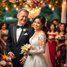 A joyous wedding scene featuring an English man and a Filipina bride celebrating their love