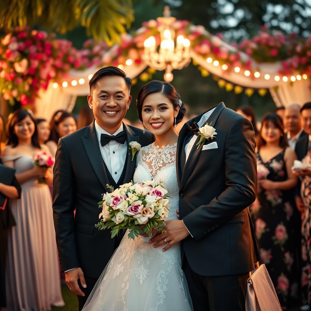 A joyous wedding scene featuring an English man and a Filipina bride celebrating their love