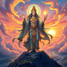 A majestic deity standing atop a mountain, surrounded by swirling clouds and bright celestial light