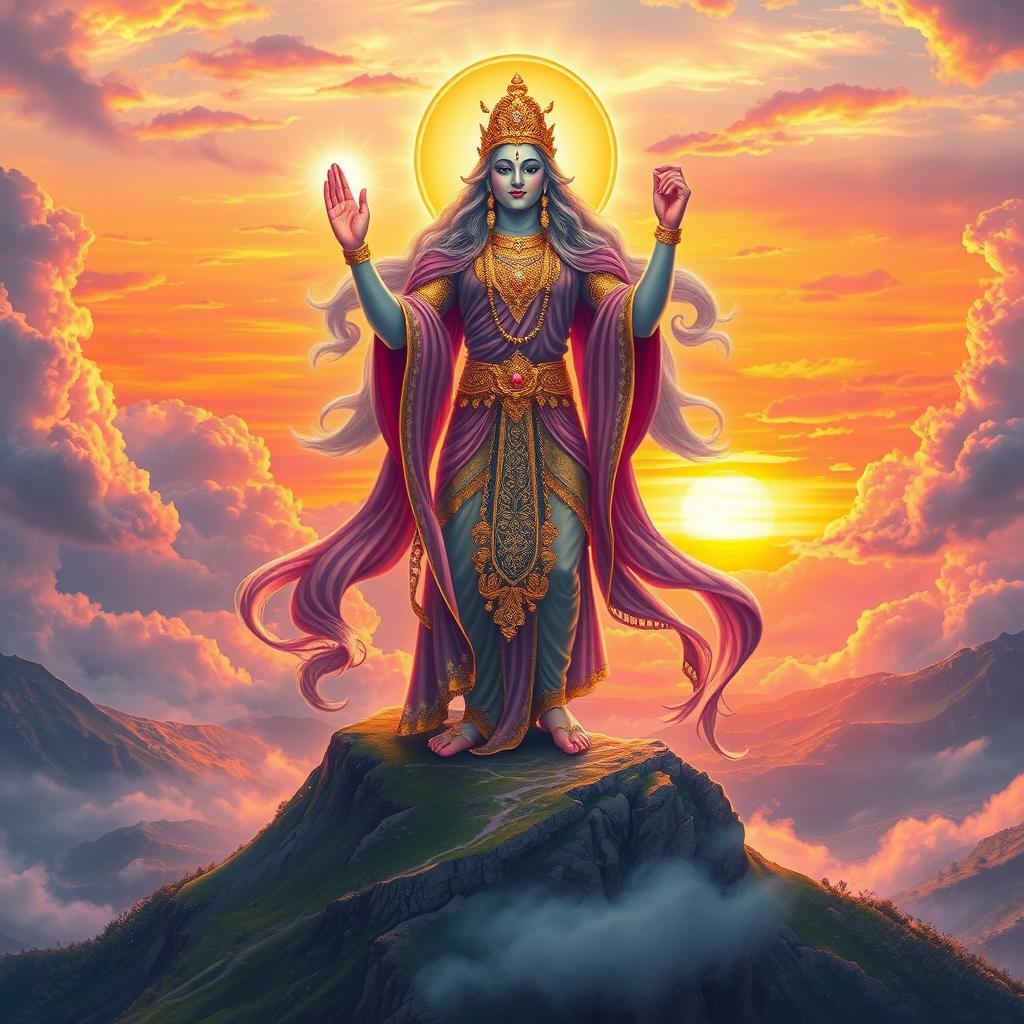 A majestic deity standing atop a mountain, surrounded by swirling clouds and bright celestial light